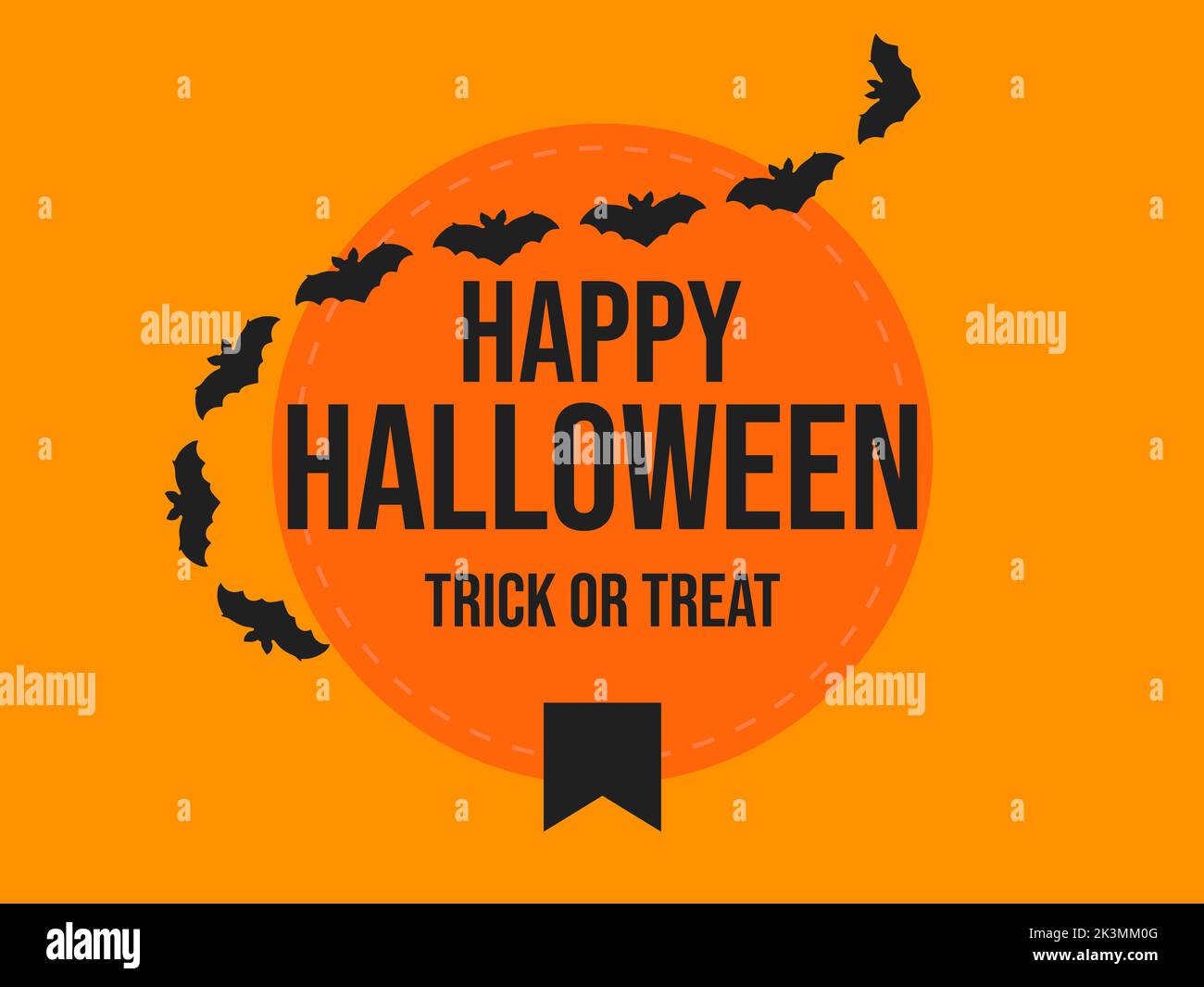 Happy Halloween Oktober 31., Trick or Treat. Rundes Emblem mit fliegenden Fledermäusen. Design für Banner, Poster und Werbeartikel. Vektorgrafik Stock Vektor