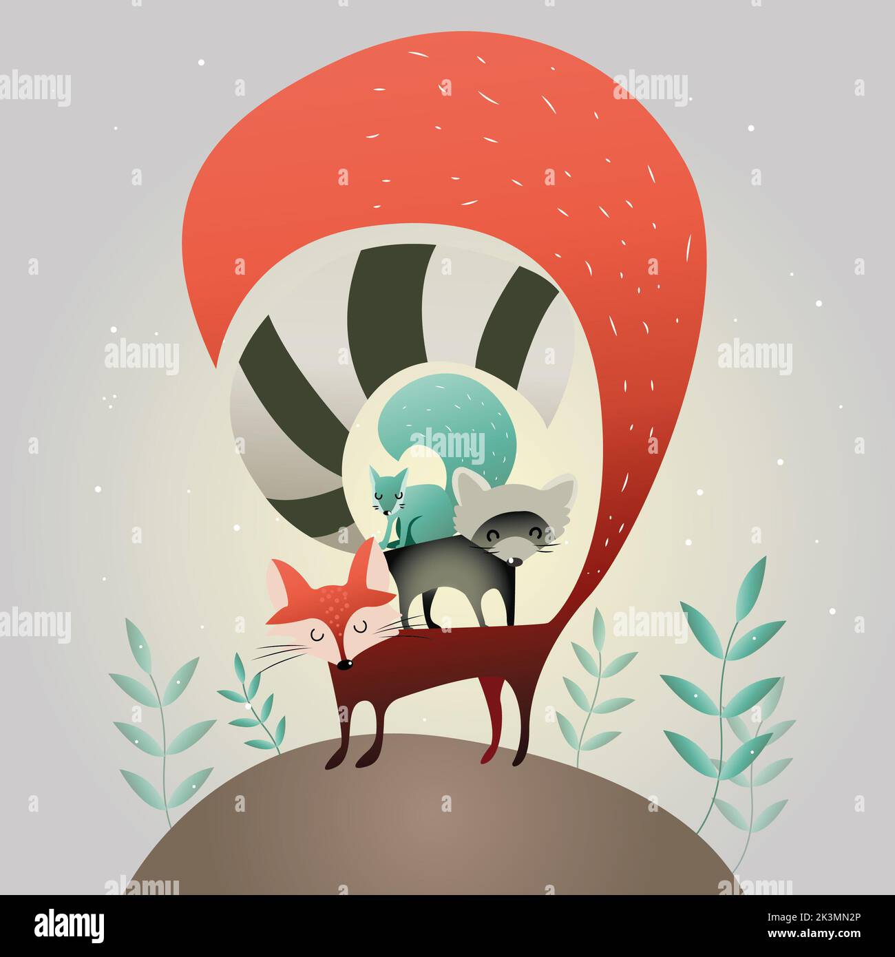 fuchs Waschbär und Eichhörnchen stehen übereinander. Niedliche Baby Illustration Stockfoto