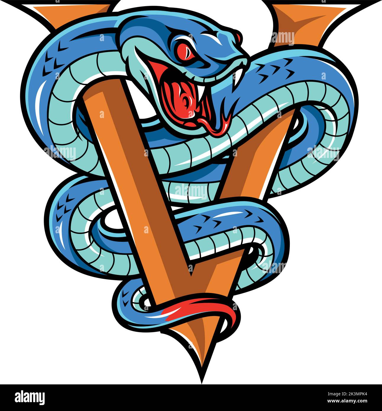 Die aggressive blaue Viper-Schlange umwickelt den Buchstaben V mit der ausgegabelten Zunge Stock Vektor
