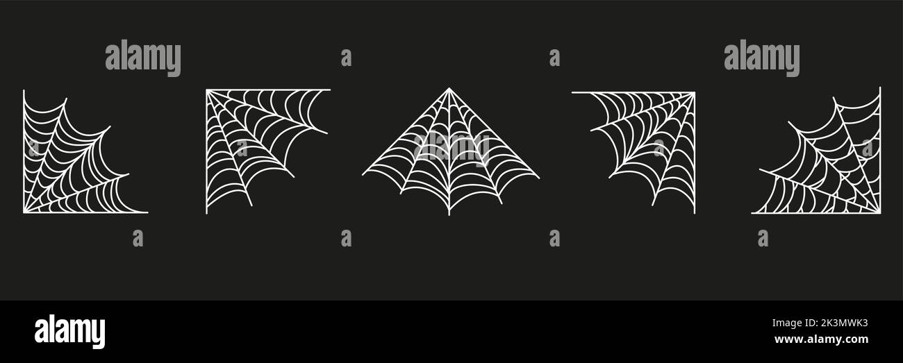 Spinnennetz-Set. Halloween handgezeichnete Spinnweben Kollektion. Vektordarstellung auf schwarzem Hintergrund isoliert. Stock Vektor