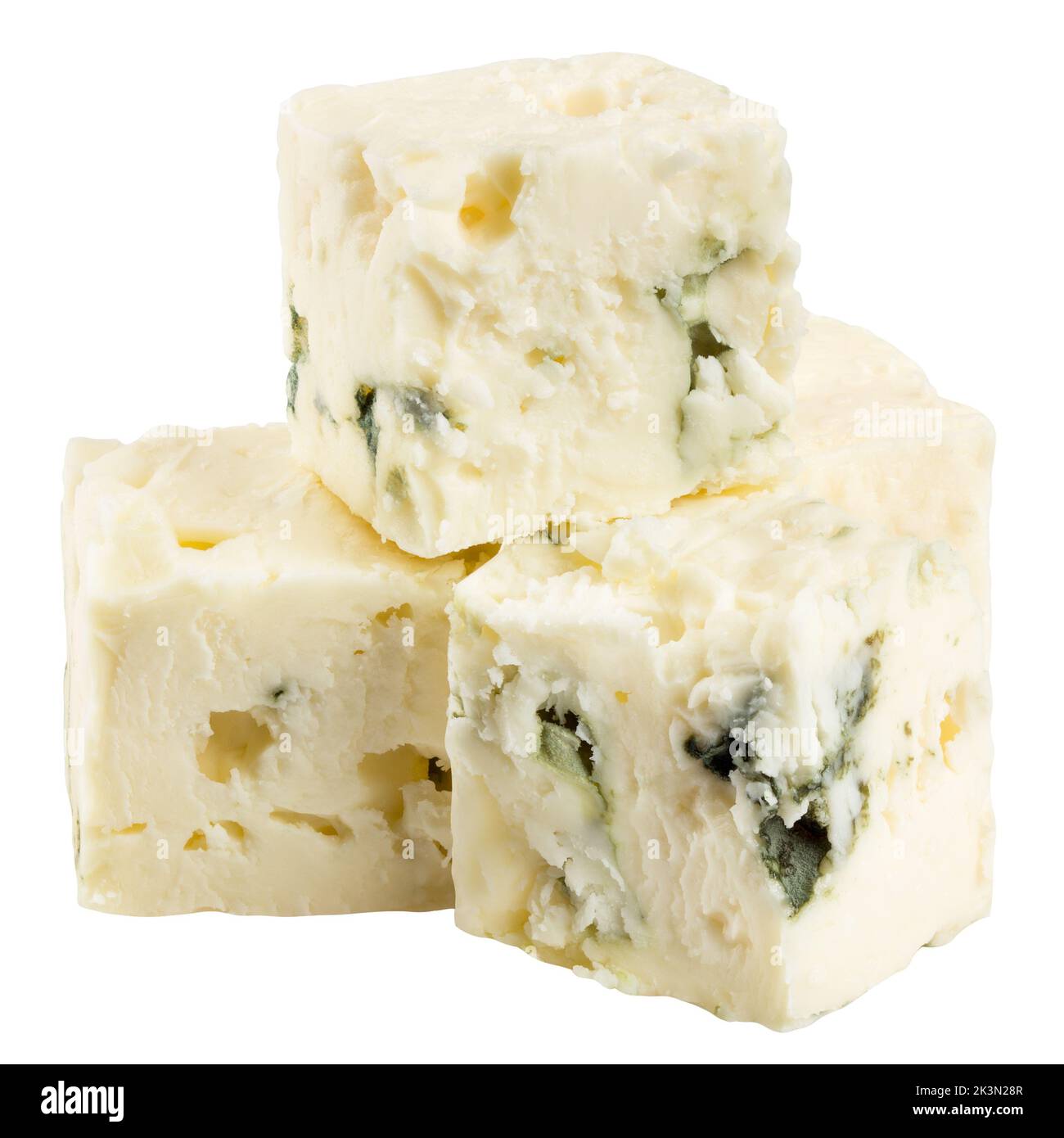 Blauer Käse, isoliert auf weißem Hintergrund, Schnittpfad, volle Schärfentiefe Stockfoto