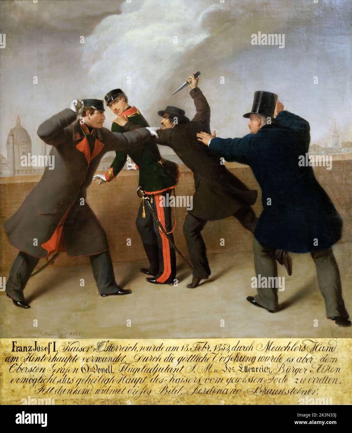 Attentat auf den Kaiser Franz Joseph im Jahr 1853. Am 18. Februar 1853 überlebte Franz Joseph einen Attentat des ungarischen Nationalisten János Libényi. Stockfoto