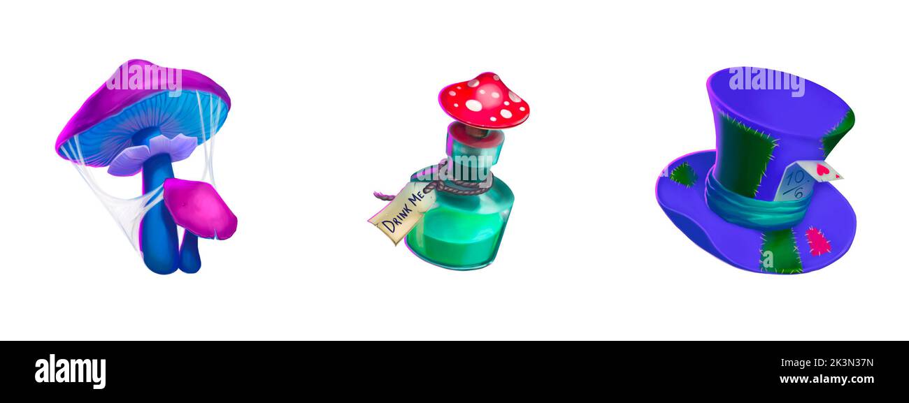 Digitale Illustration von Alice im Wunderland Set. Hut, Karten, Pilze, Flasche trinke mich, Zylinderhut. Verwenden Sie es für Postkarten, Einladungen. Stockfoto