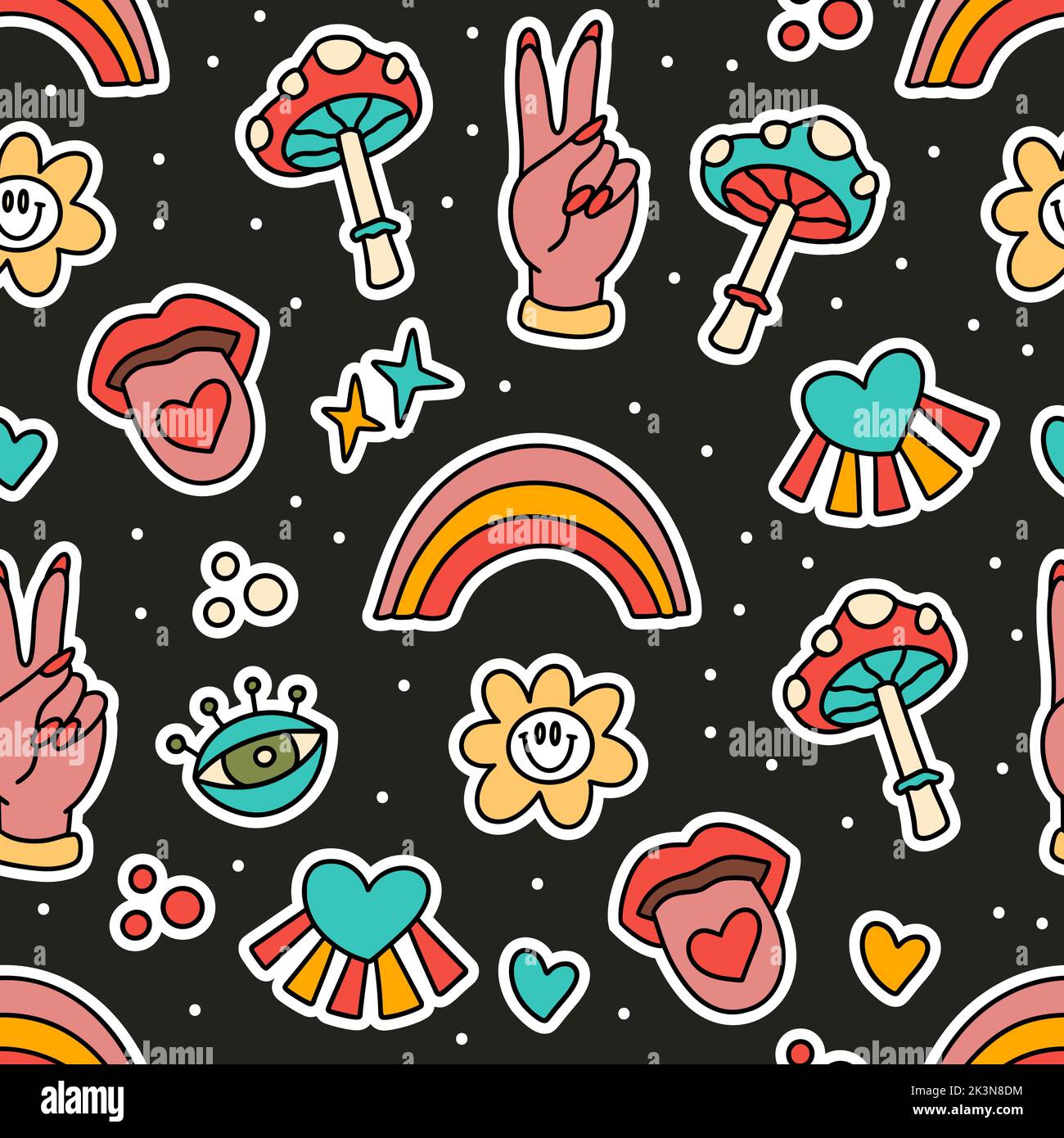 Niedliche Cartoon groovy Regenbogen Aufkleber Vektor nahtlose Muster. Hippie Retro Hintergrund Illustration Stock Vektor