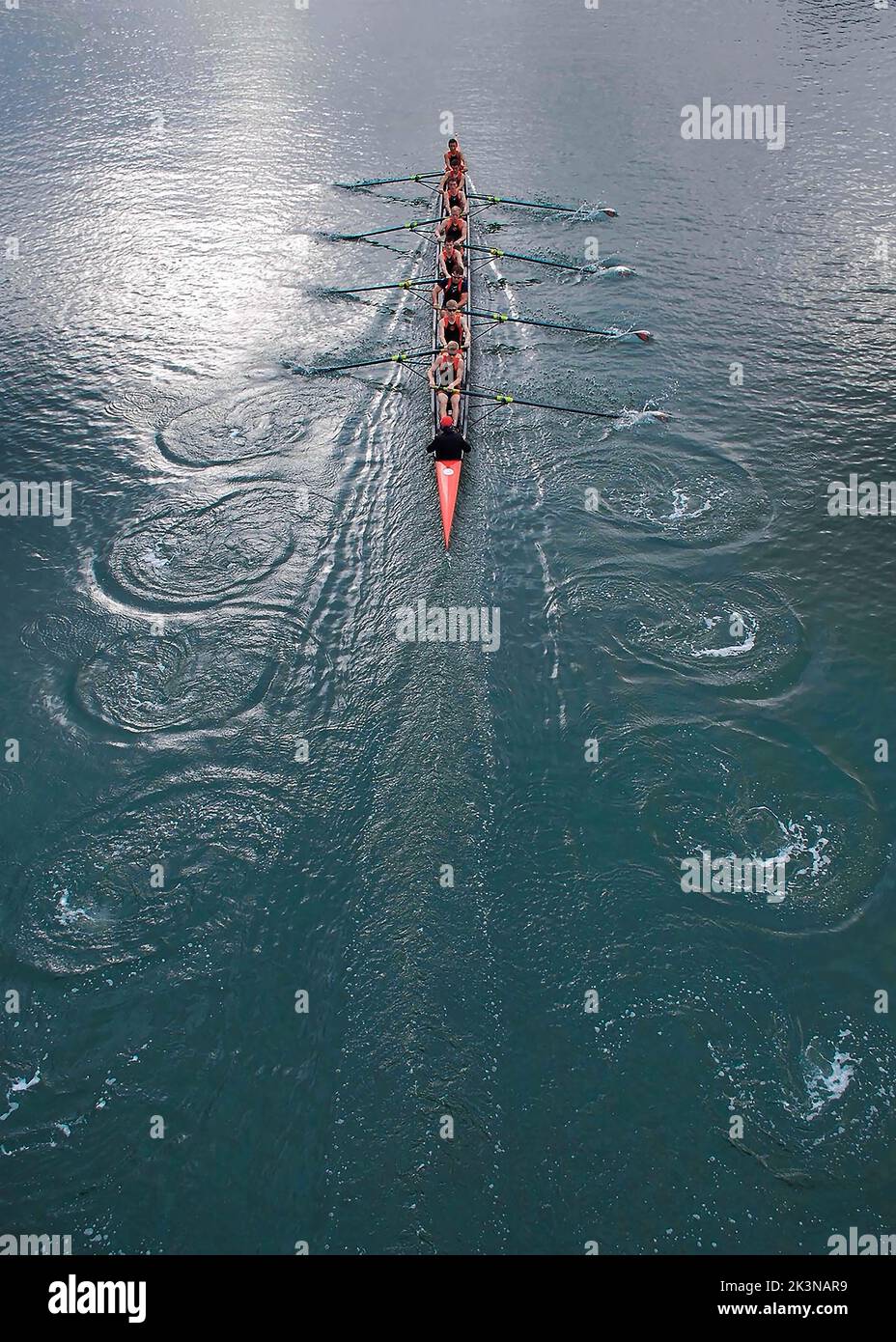 Luftbild von Ruderern, die über das Wasser gleiten. Das 8-Mann-Team ist in perfekter Formation mit synchronisierten Schlägen. Die Wake glitzert im Sonnenlicht. Stockfoto