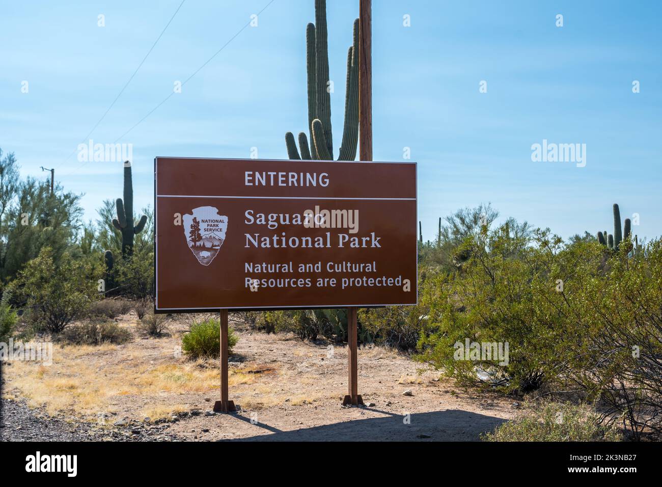 Eine Zufahrtsstraße zum Saguaro NP, Arizona Stockfoto
