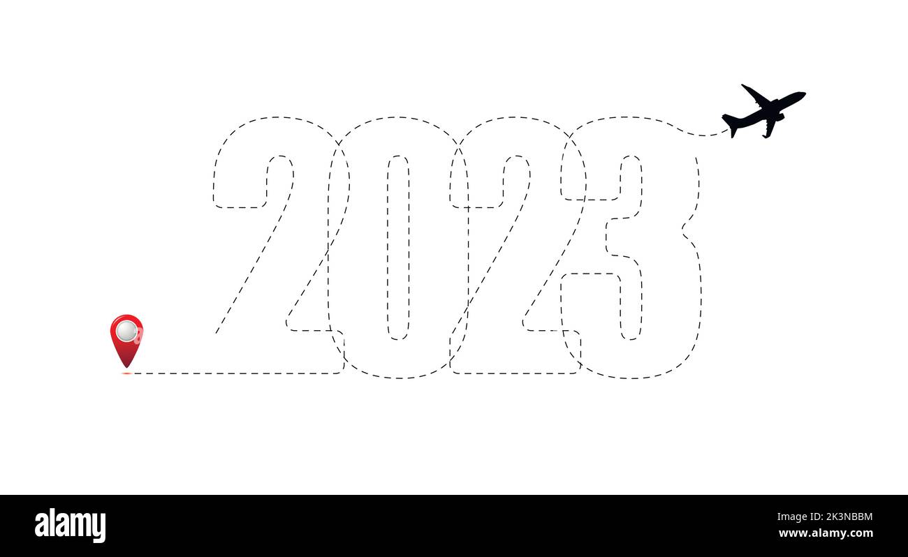 Frohe Weihnachten und ein glückliches neues Jahr Konzept, Reiseziel mit 2023 Reiseroute. Logo für die Neujahrsreise. Flache Vektorgrafik Stock Vektor