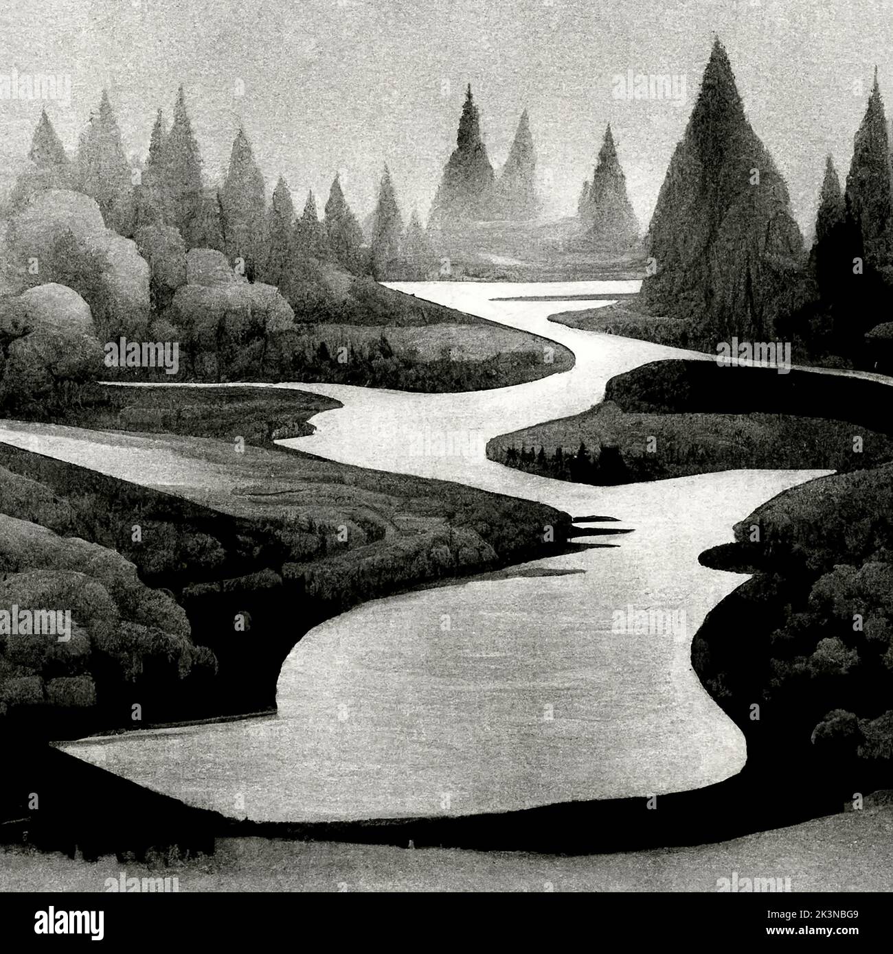 Black and White konzeptionelle Landschaft von River Through Valley Stockfoto