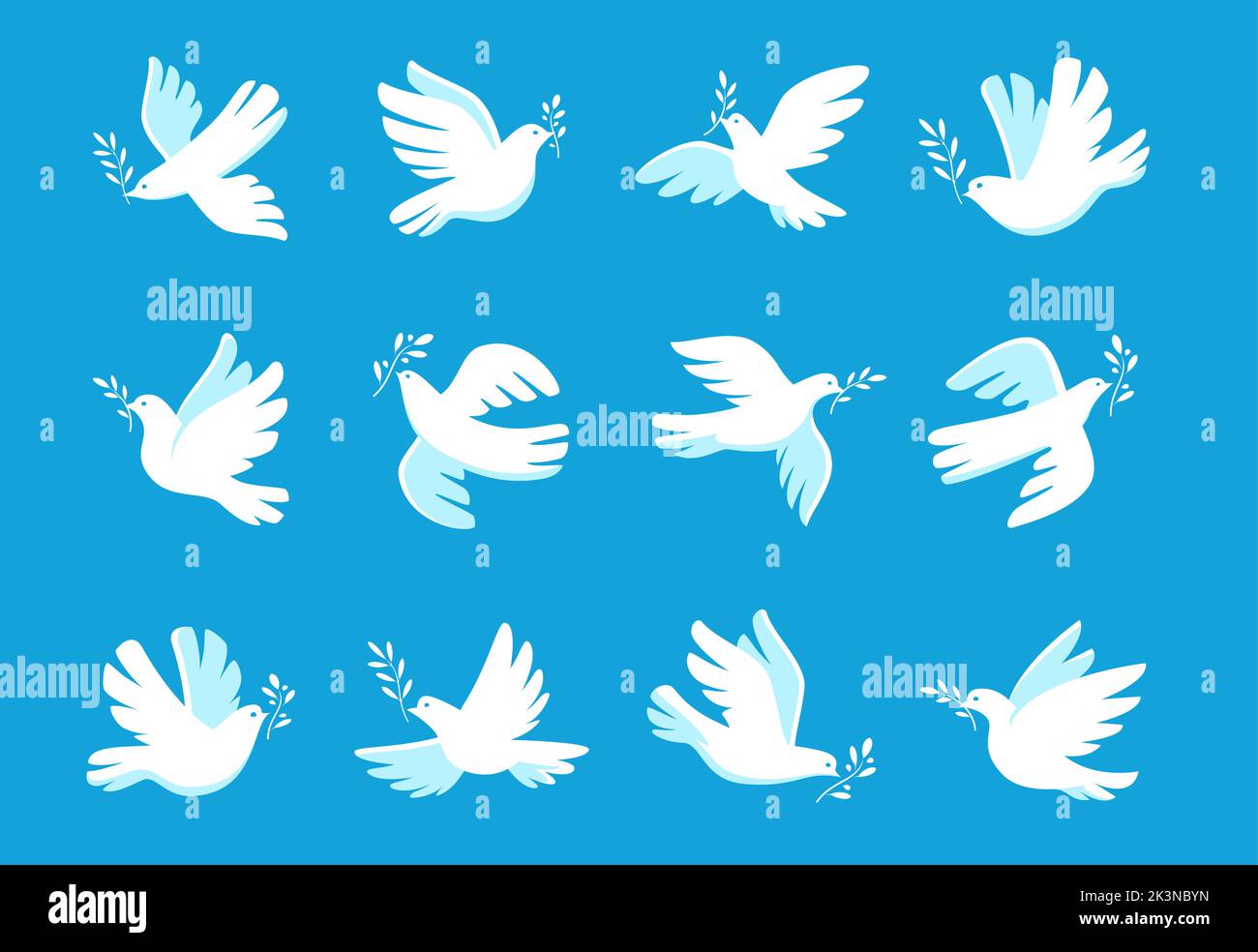 Weiße Taube mit Olivenzweig-Symbol. Vogel und Zweig Symbol für Frieden und Freiheit. Taubensymbol. Vektorgrafik Stock Vektor