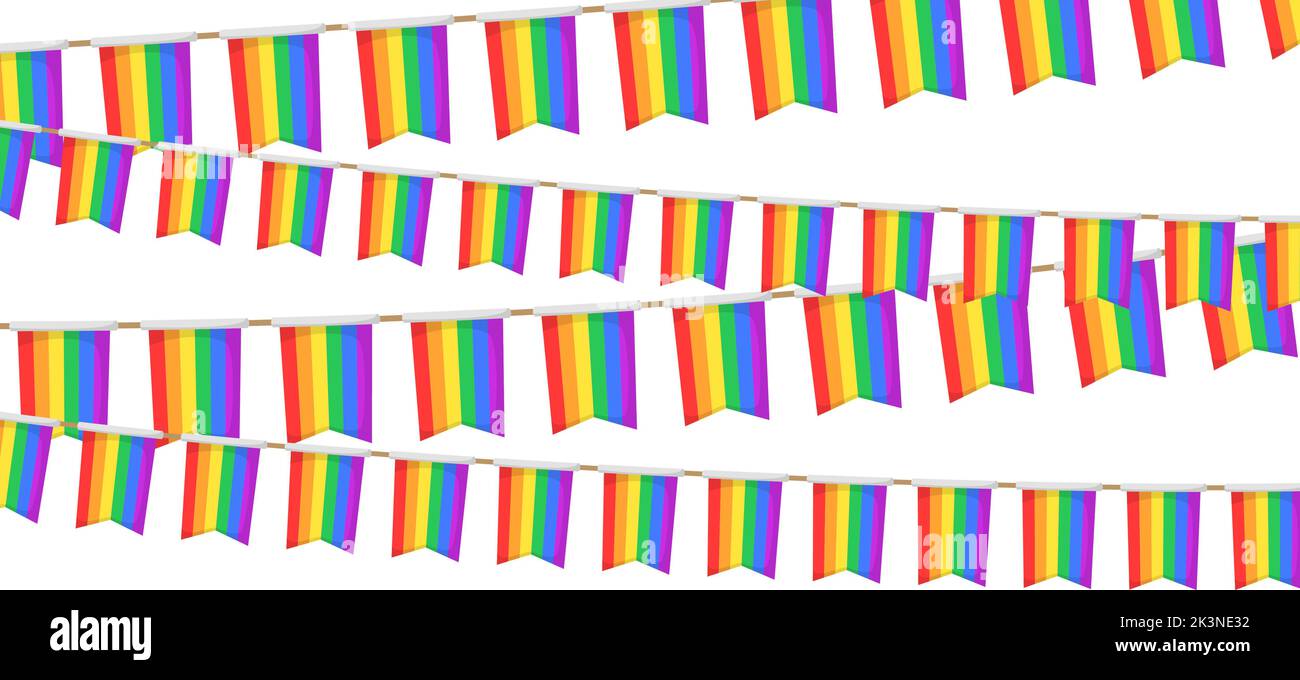 LGBT-Girlande. Regenbogenfarben Wimpel Kette. Party-Ammer Dekoration. Feiersteine für ein stolzes Dekor. Fußzeile und Banner-Hintergrund Stock Vektor