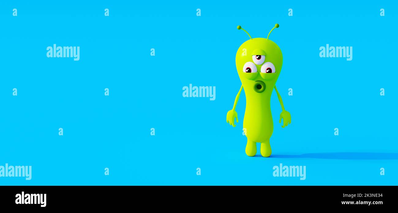 Lustige Alien auf blauem Hintergrund mit Kopierraum 3D Render 3D Illustration Stockfoto