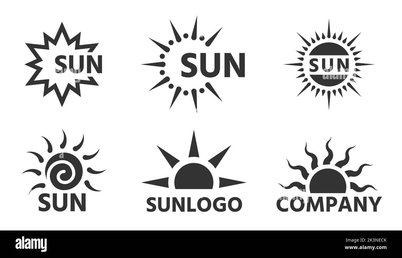 Flaches Set mit Sun Logo-Anhänger. Verschiedene Form Sonnenschein Business Emblem. Sonniger, heißer Firmenschriftzug mit Firmenname auf Weiß isoliert. Cartoon Sommer Sonnenlicht Strahlen Sonnenaufgang Sonnenuntergang Abzeichen. Einfaches grafisches Solaretikett Stock Vektor
