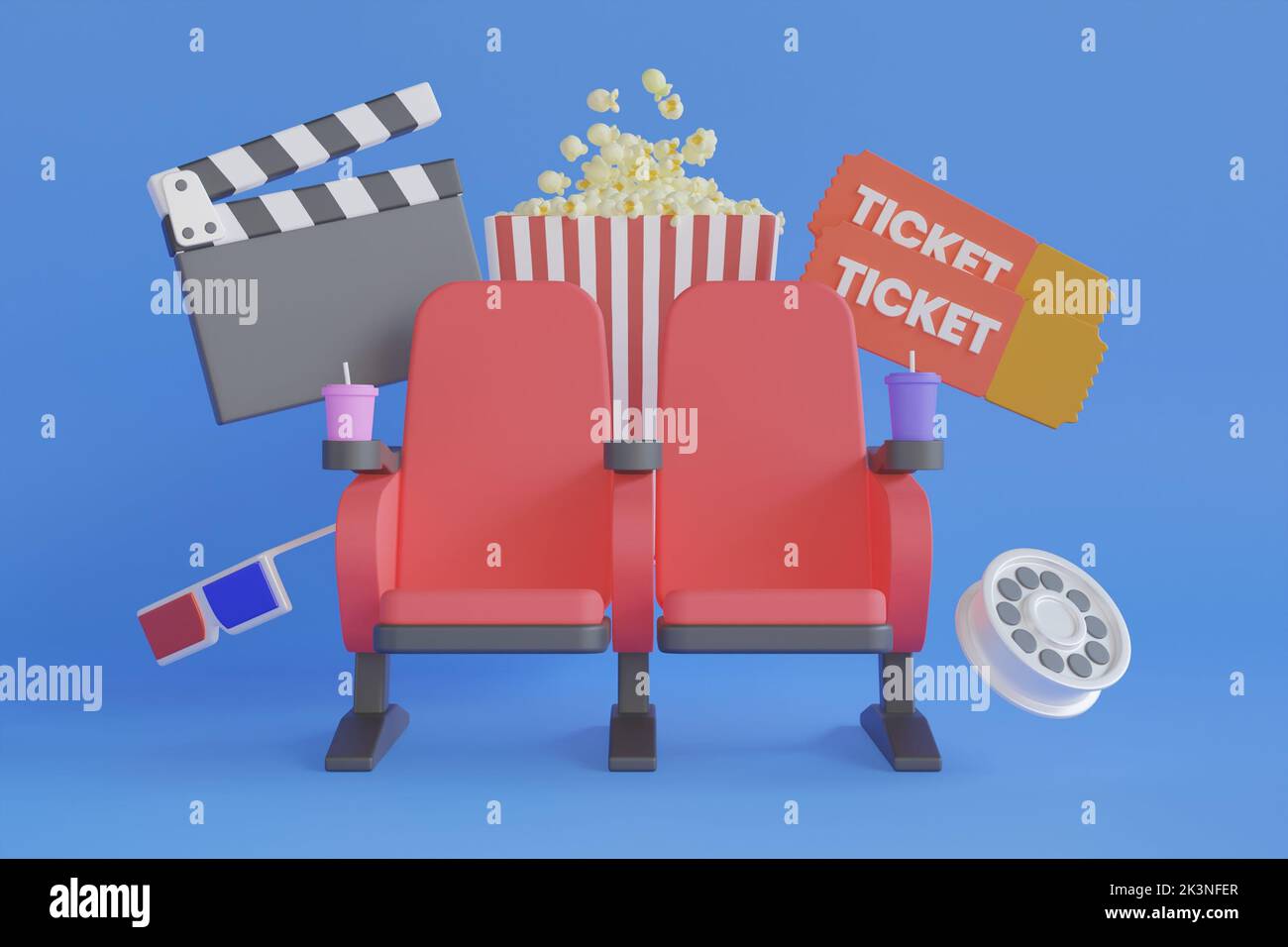 Roter Kinosessel mit kohlensäurehaltigen Getränken, Popcorn, 3D Gläsern, Ticket- und Filmrollen auf weißem Hintergrund. 3D Render von rotem Kinosessel mit Popcorn, Stockfoto