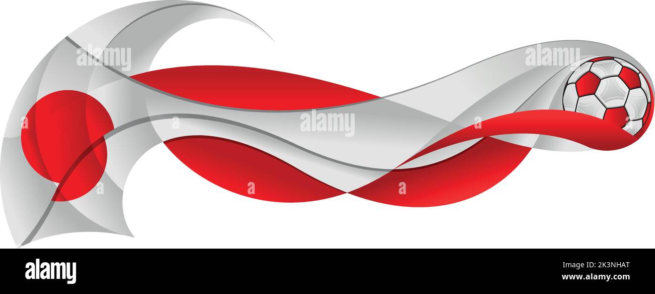 Rot-weißer Fußball, der einen abstrakten Pfad in Form einer Wellenform mit den Farben der japanischen Flagge auf weißem Hintergrund hinterlässt. Vektorbild Stock Vektor