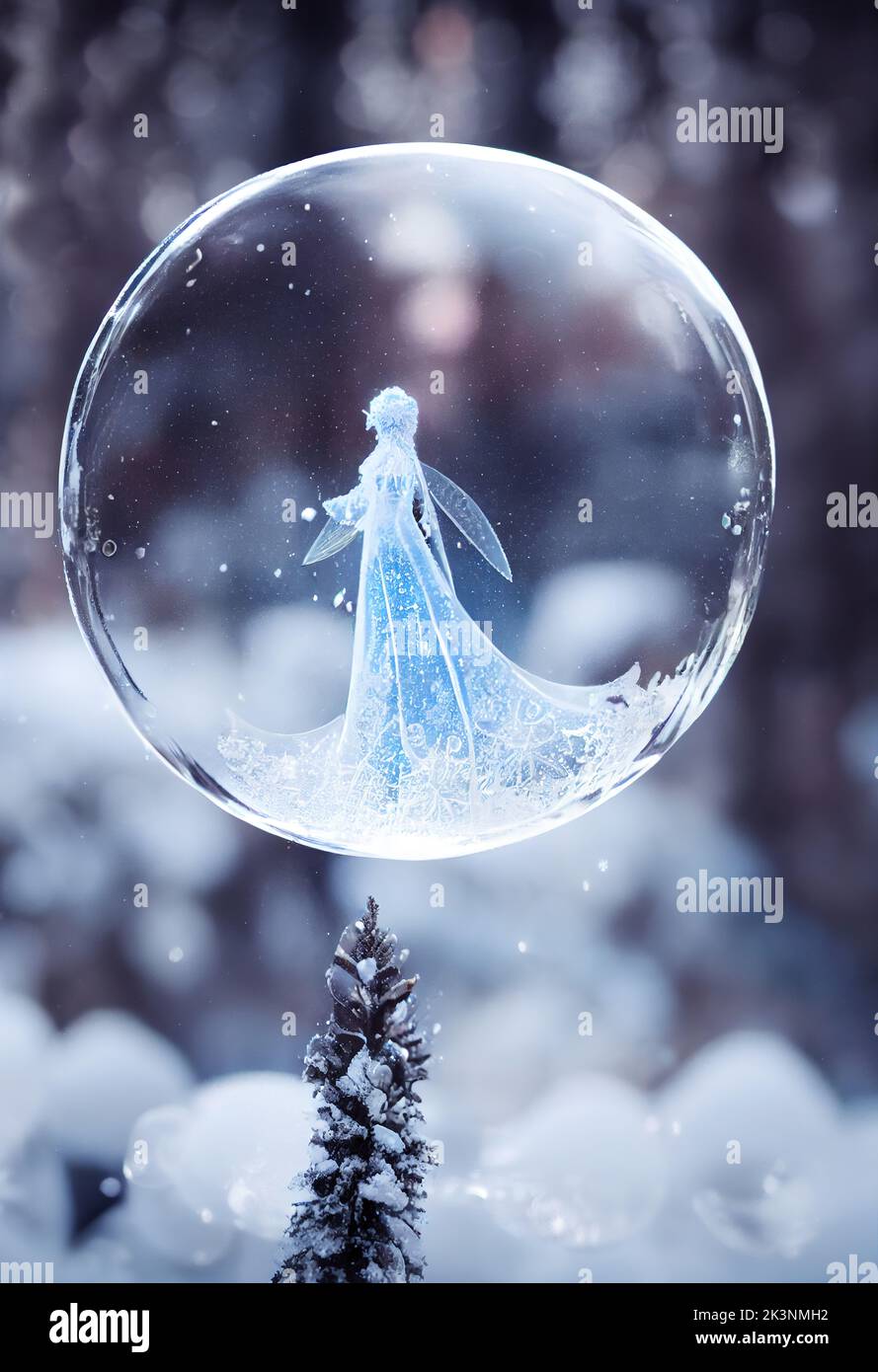 Eine vertikale Aufnahme einer schönen Fee in einer gefrorenen Blase Stockfoto