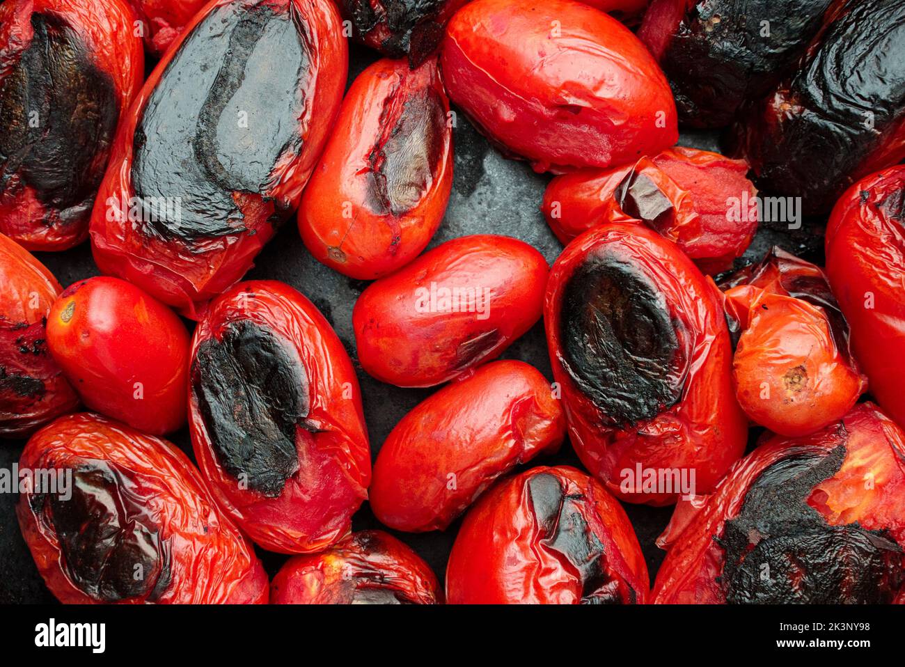 Ansicht von gerösteten, verkohlten oder gegrillten roten Tomaten Stockfoto