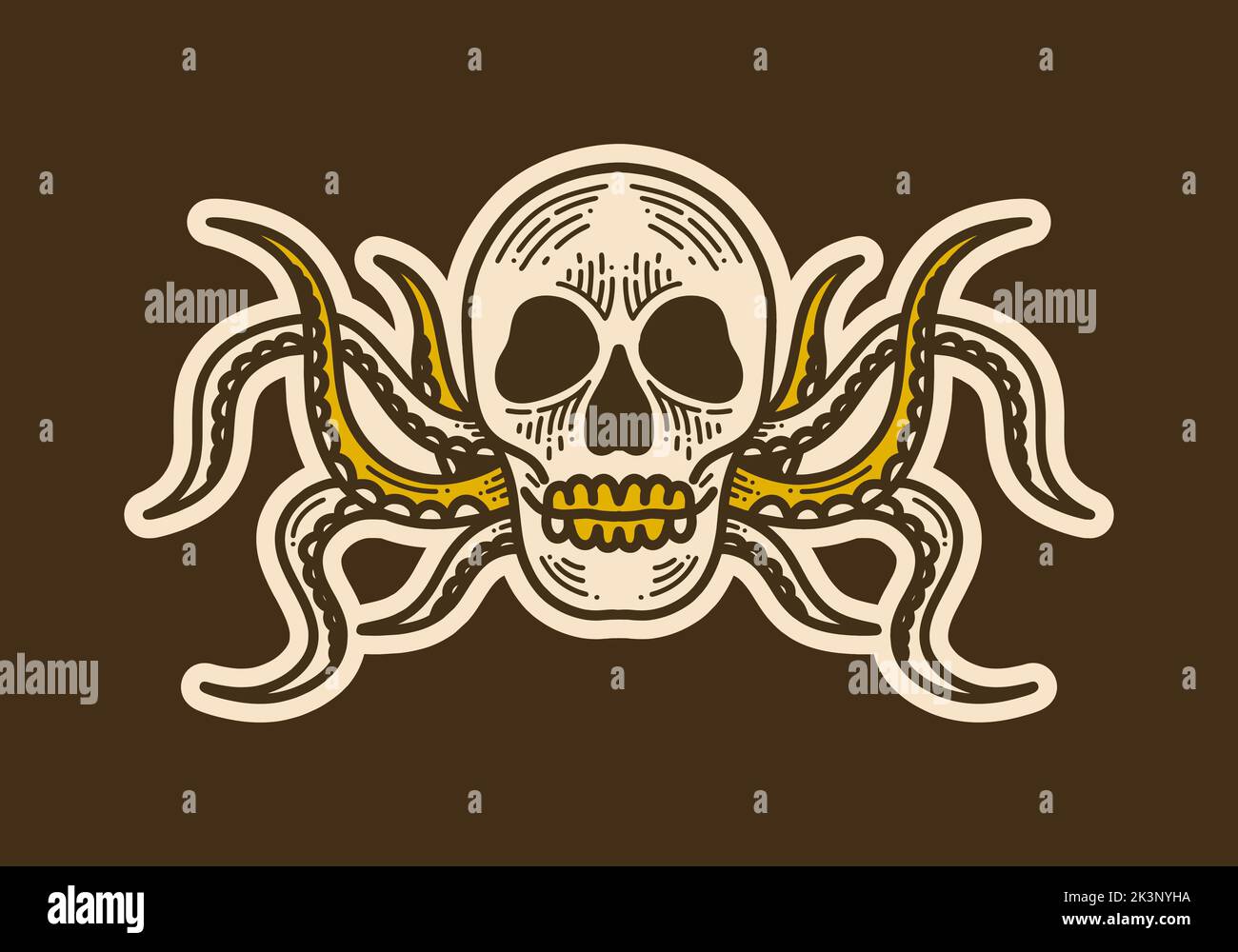 Totenkopf mit Oktopus Beine vintage Retro Kunst Illustration Design Stock Vektor