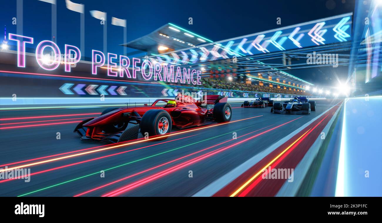 Sport-Rennwagen schnelles Fahren mit TOP-PERFORMANCE-Text, schnellste und beste Performance-Konzept. 3D Illustration und Rendering Stockfoto