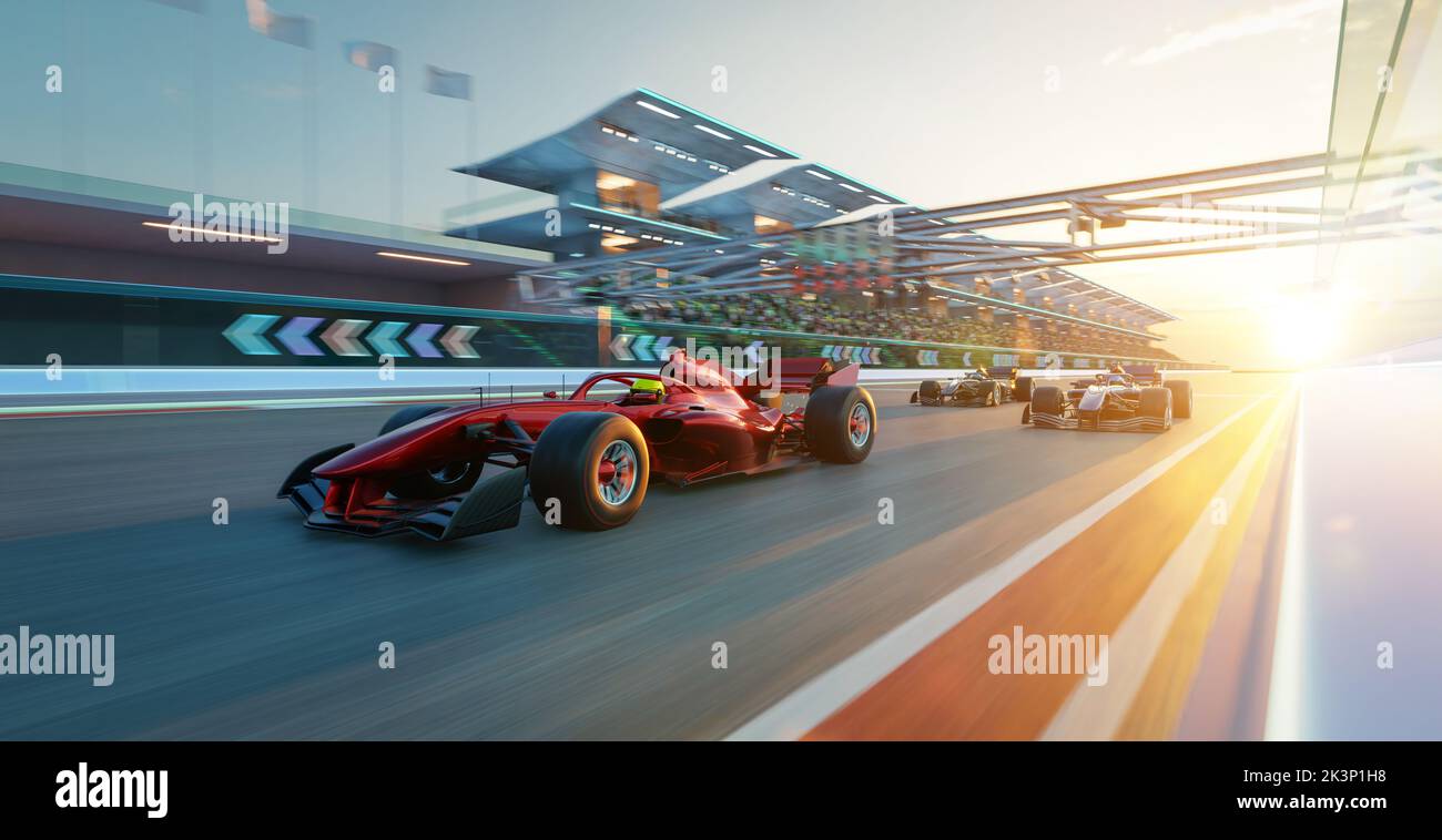 Sport-Rennwagen schnelles Fahren, um den Champion Traum zu erreichen, Bewegungsunschärfe und Lichteffekt gelten. 3D Rendern Stockfoto