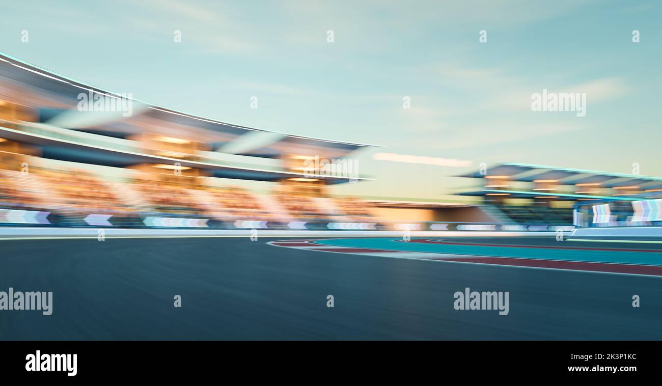 3D Rendering Racing Konzept der Morning Scene futuristische Rennstrecke mit Neon-Zeichen Licht Dekoration Stockfoto