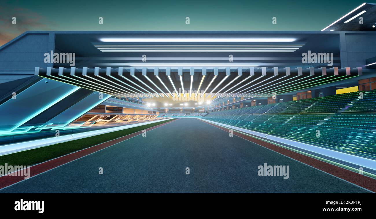 3D Rendering Racing Konzept der Abendszene futuristische Rennstrecke mit Glasgeländer und Neonlicht Dekoration Stockfoto