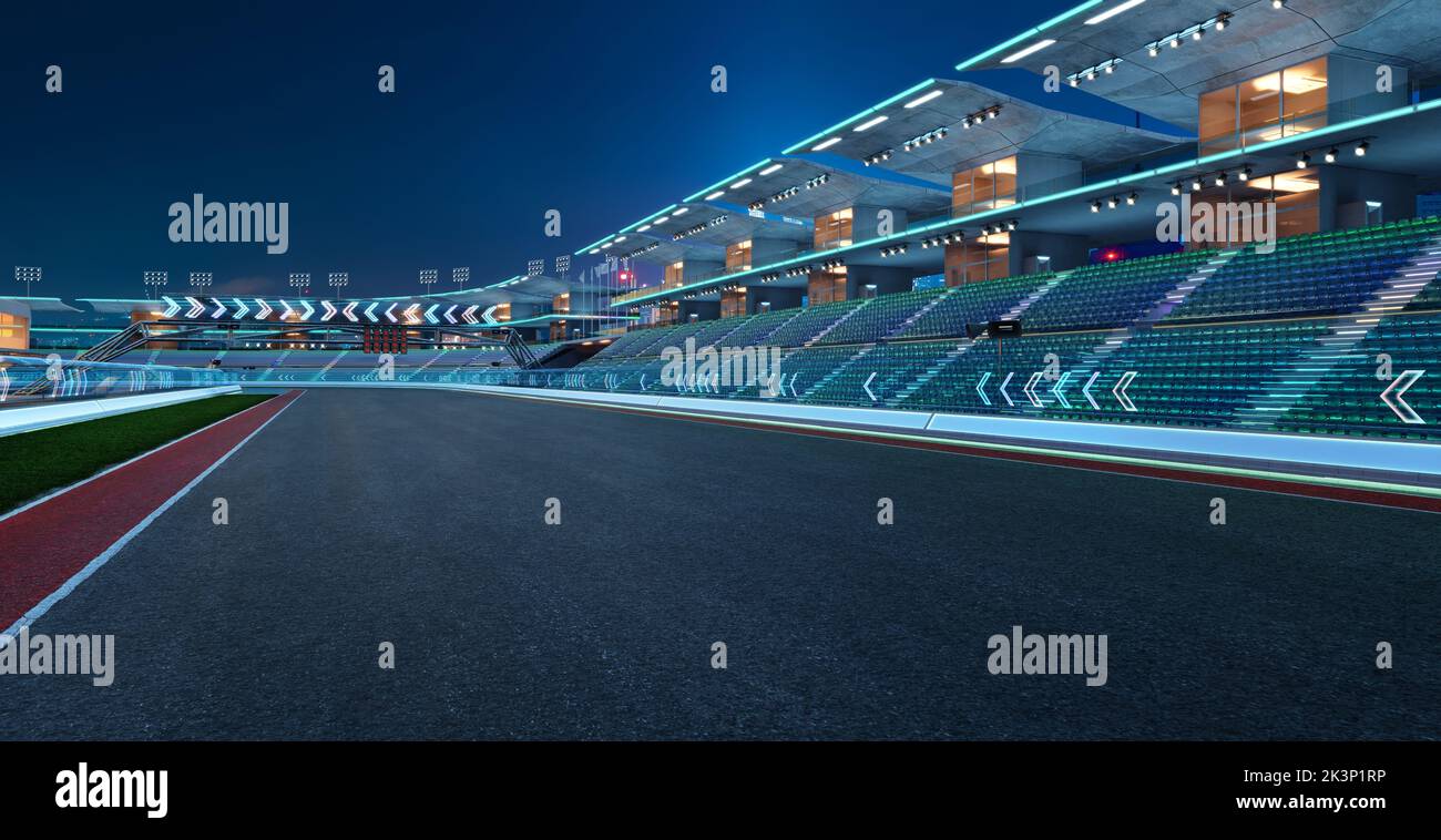 3D Rendering Racing Konzept der Abendszene futuristische Rennstrecke mit Glasgeländer und Neonlicht Dekoration Stockfoto