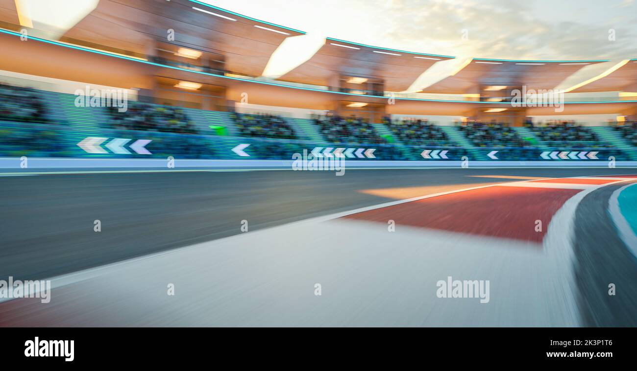 3D Rendering Racing Konzept der Abendszene futuristische Rennstrecke mit Glasgeländer und Neonlicht Dekoration Stockfoto