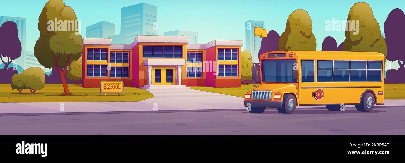 Stadtstraße mit Schulgebäude und gelbem Bus für Schüler. Sommer Stadtlandschaft mit Schulhaus, Bus auf der Straße, grünen Rasen und Bäumen, Vektor-Illustration in zeitgemäßem Stil Stock Vektor