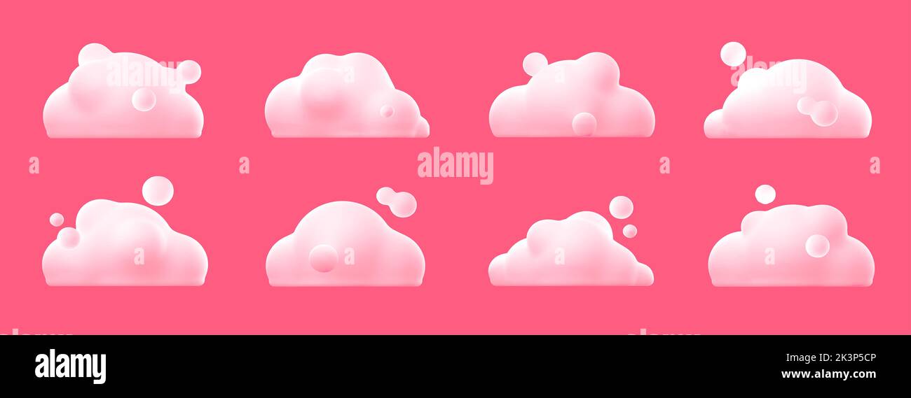 Einfache weiße flauschige Wolken isoliert auf rosa Hintergrund. Niedliche weiche Formen für bewölkten Himmel und Wetter-Symbole, Zeichen der Meteorologie, Freiheit und Himmel, 3D Rendering Illustration Stockfoto
