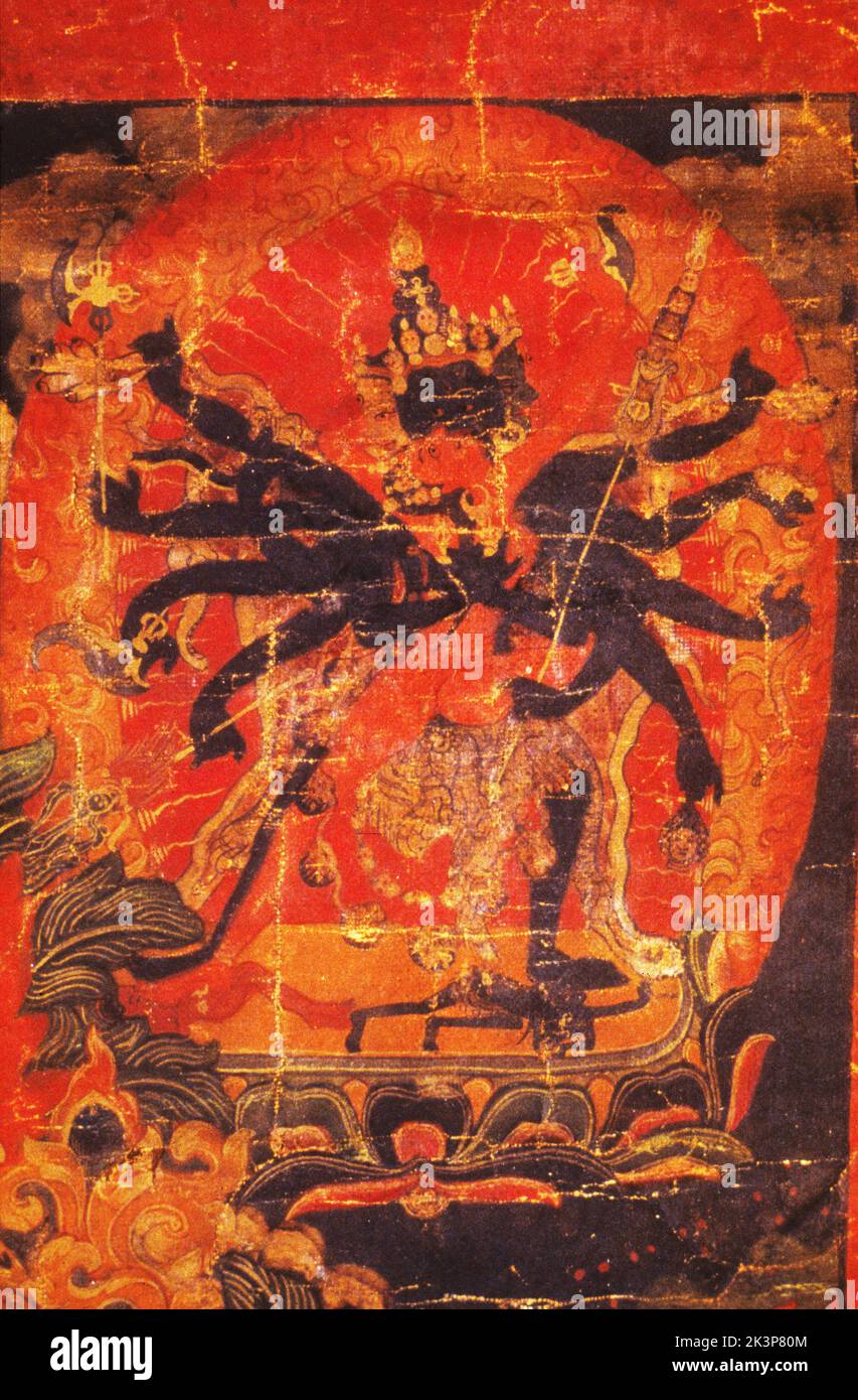 Thangka, tibetisch-buddhistische Malerei, Detail von 24490: Zornvolle Gottheit oben rechts Sman-'brisser-ma, 18. Jahrhundert Stockfoto