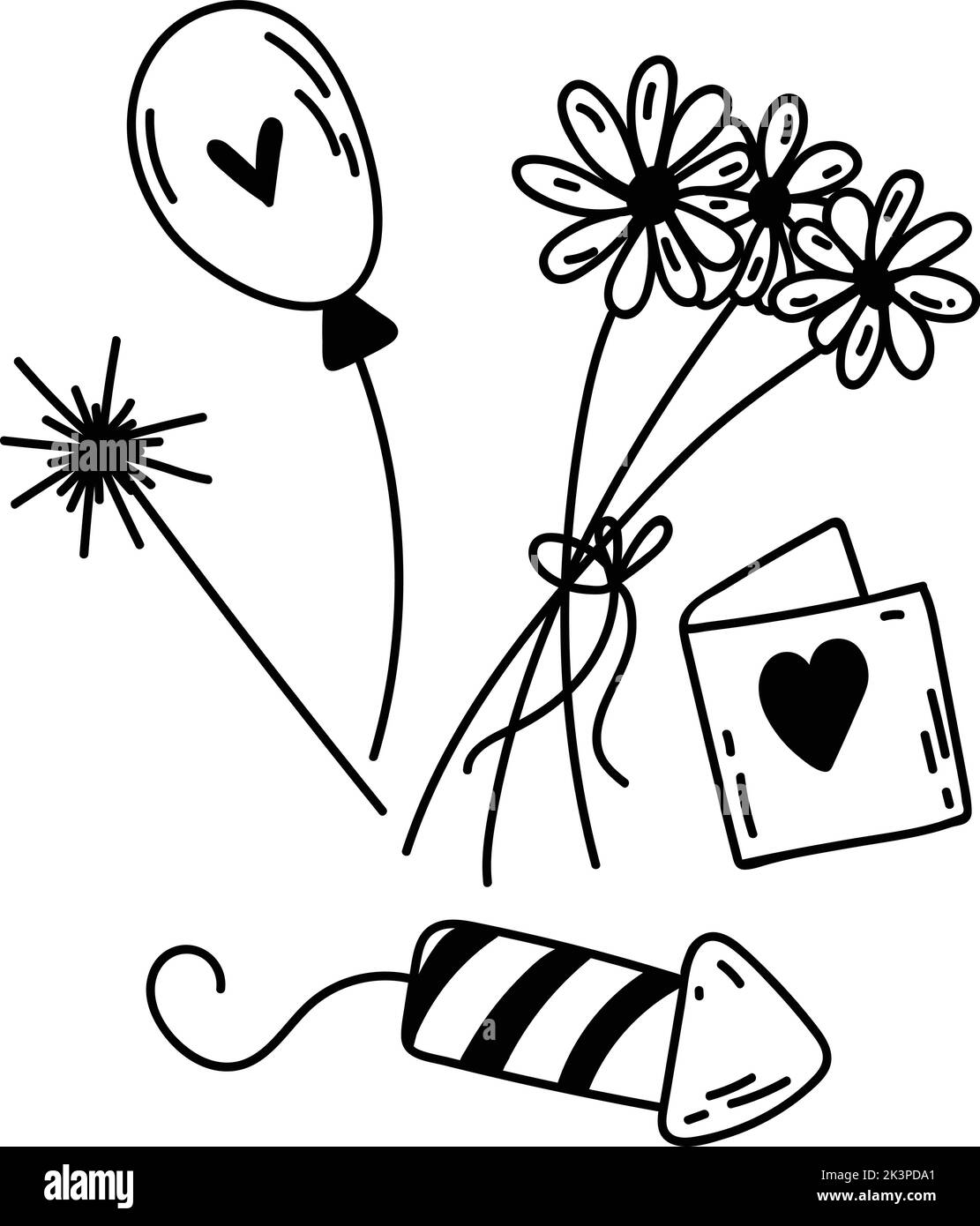 Satz von Doodle Party-Elementen. Handgezeichnete Vektorgrafik mit Daisen, Ballon, Geschenkkarte, Wunderkerzen für Dekor, Logo, Textil- und Webdesign, Karte Stock Vektor