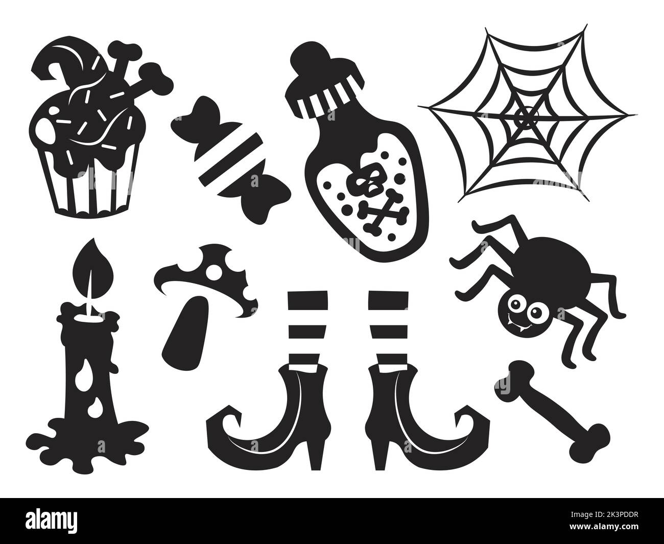 Set von Silhouetten halloween Vektor Spinnennetz Spinne Schuhe Süßigkeiten Stock Vektor