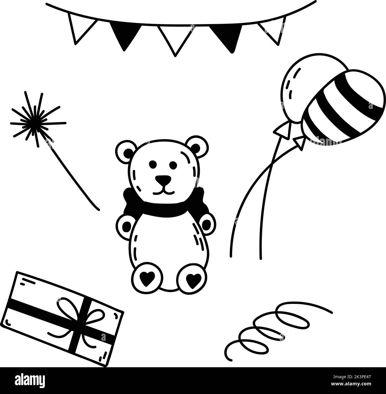 Doodle Set von Elementen für Geburtstagsfeier. Handgezeichnete Vektorgrafik mit Teddybär, Ballons, Party-Fahnen, Girlande, Geschenk, Wunderkerzen für Kinder de Stock Vektor