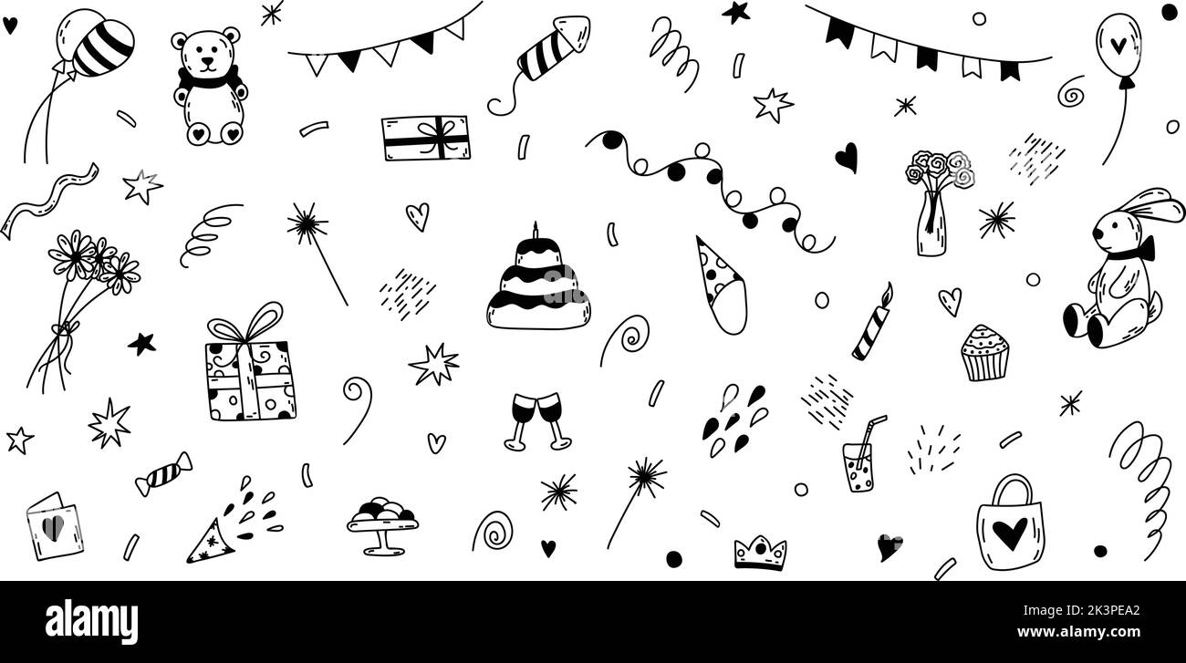 Vektor Doodle Geburtstag Satz von Elementen. Handgezeichnete Illustration mit Kuchen, Luftballons, Geschenkboxen für Dekor, Logo, Textil- und Webdesign, Kartengestaltung, Stock Vektor