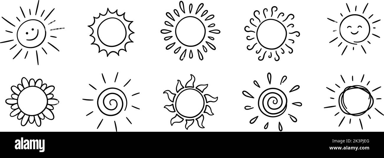 Doodle verschiedene Sonnensymbole gesetzt. Scribble Sonne mit Strahlen Symbole. Doodle Kinder Zeichnungen Sammlung. Handgezogener Burst. Schild für heißes Wetter. Vektor Stock Vektor