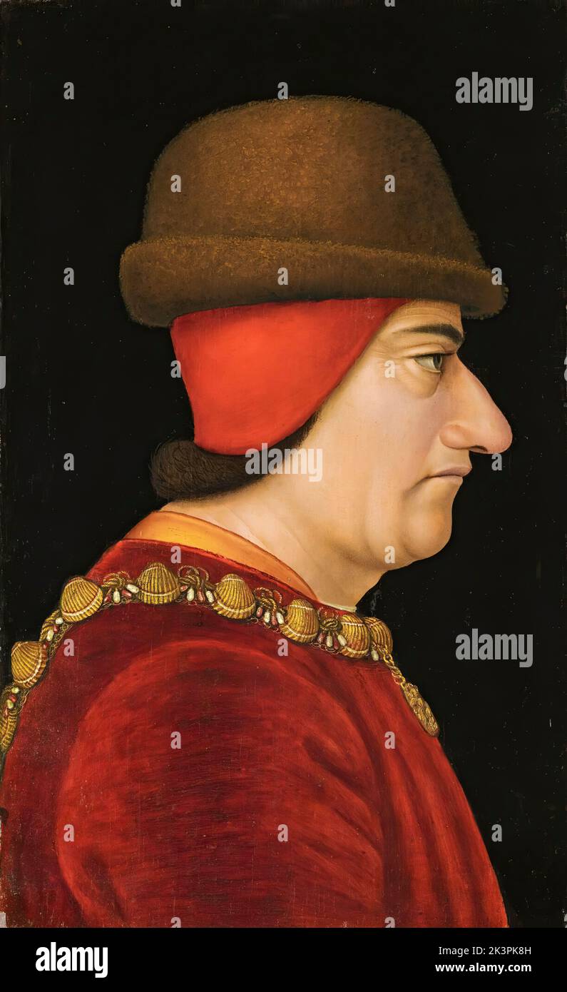 Louis XI. (1423-1483), König von Frankreich (1461-1483), trägt das Halsband des Ordens von Saint-Michel, Portrait in Öl auf Tafel von französischem Schulkünstler, um 1470 Stockfoto