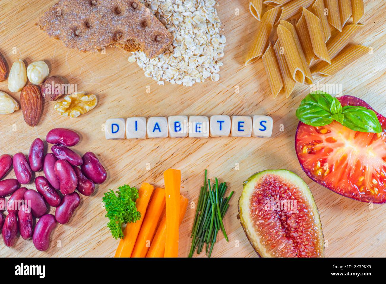 Diabetes mellitus. Lebensmittel mit niedrigem Zucker, hohen Ballaststoffen und Eiweiß Stockfoto