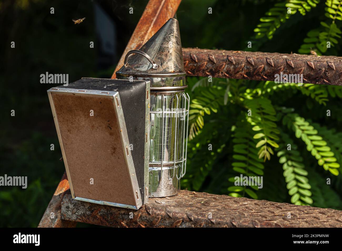 Chrome Imker-und-smare auf einer Stahltreppe vor dem Bienenhaus Stockfoto
