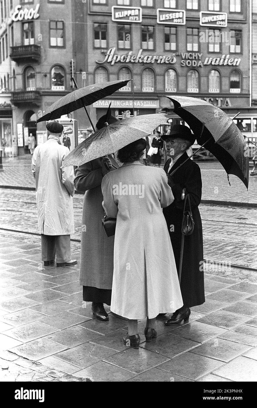 Schirme in der 1950s. Eine Gruppe älterer Frauen steht unter ihren Schirmen zusammen. Es ist ein regnerischer Tag in Stockholm Schweden 1953. ref 2A-1 Stockfoto