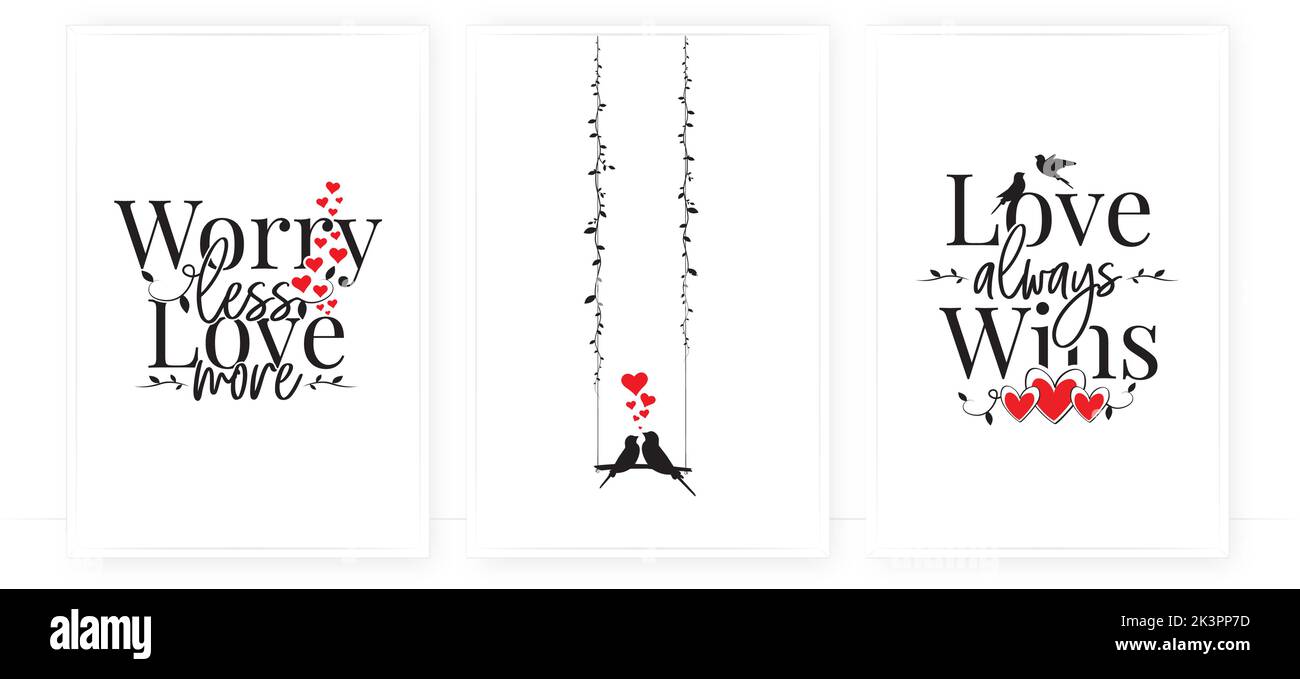 Weniger Sorgen, mehr lieben, Vektor. Liebe gewinnt immer. Motivierendes inspirierendes Zitat. Positives Denken, Affirmation. Wording-Design isoliert auf weiß Stock Vektor