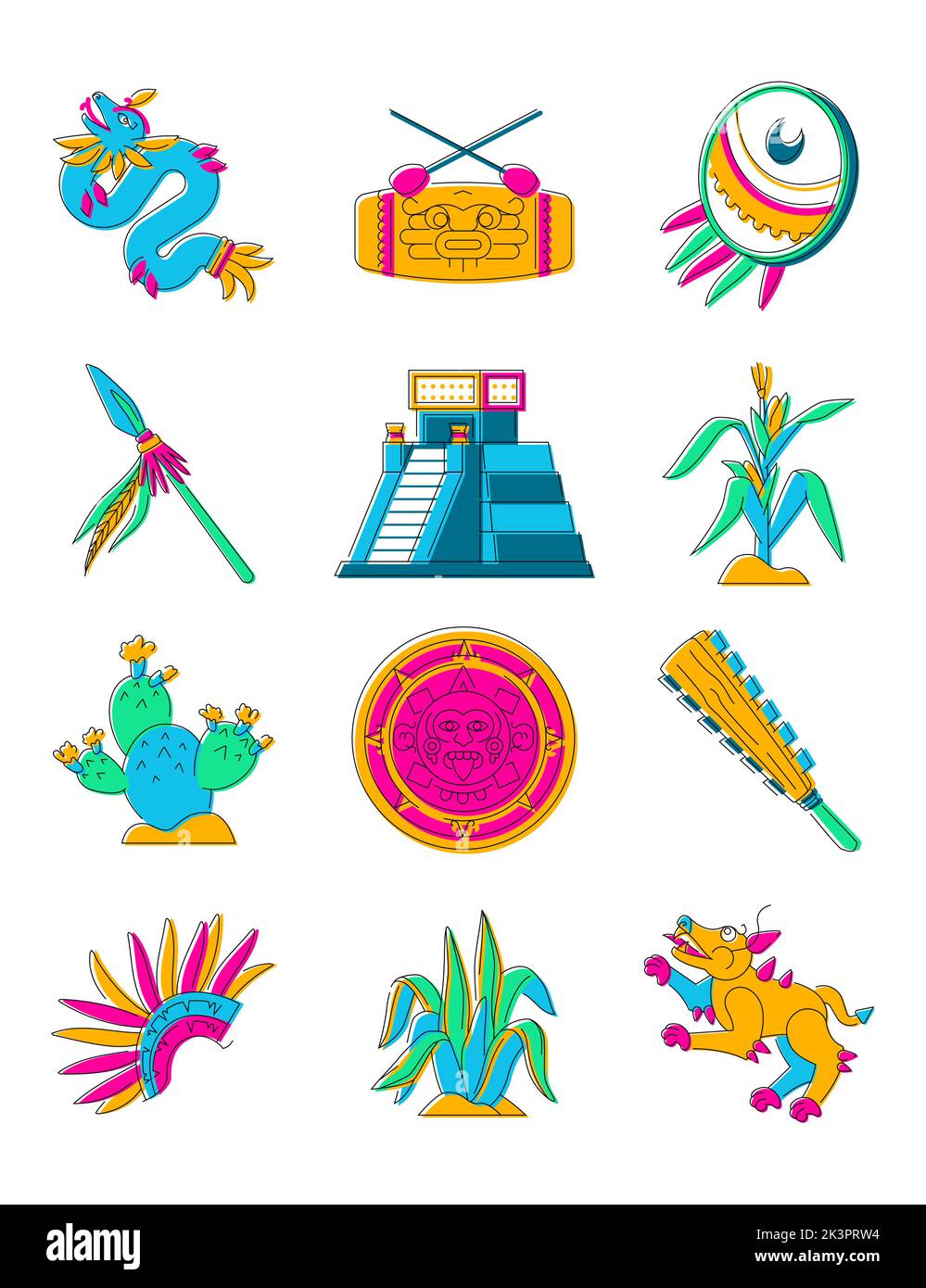 Ancient Maya Civilizations - Linie Design Stil Illustration Set Stock Vektor