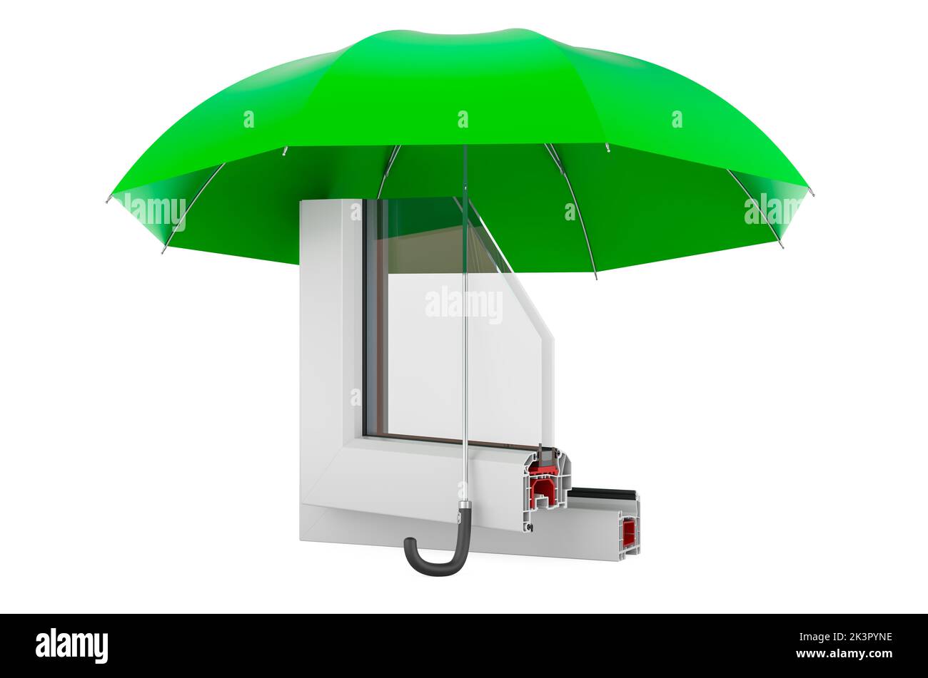 Kunststoff-Fensterprofil unter Regenschirm, 3D Rendering isoliert auf weißem Hintergrund Stockfoto
