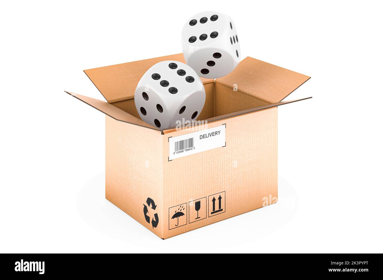 Würfel in das Paket. Casino Delivery Concept, 3D Rendering isoliert auf weißem Hintergrund Stockfoto