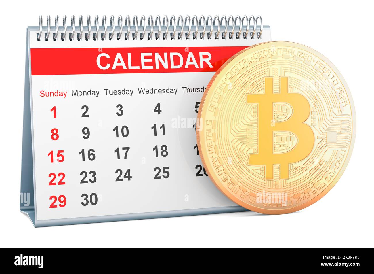 Bitcoin mit Tischkalender, 3D Rendering isoliert auf weißem Hintergrund Stockfoto