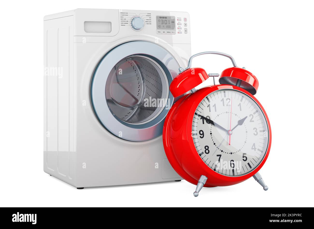 Waschmaschine mit Wecker, 3D Rendering isoliert auf weißem Hintergrund Stockfoto