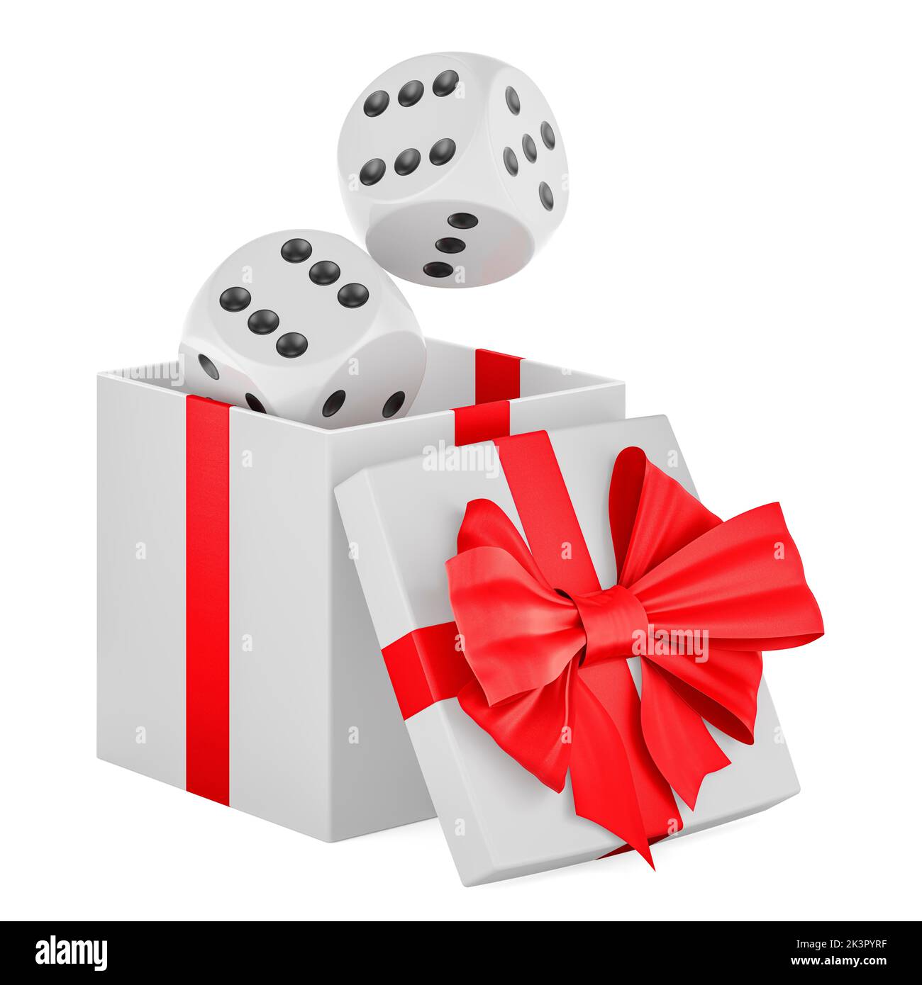 Würfel im Geschenkkarton, 3D Rendering isoliert auf weißem Hintergrund Stockfoto