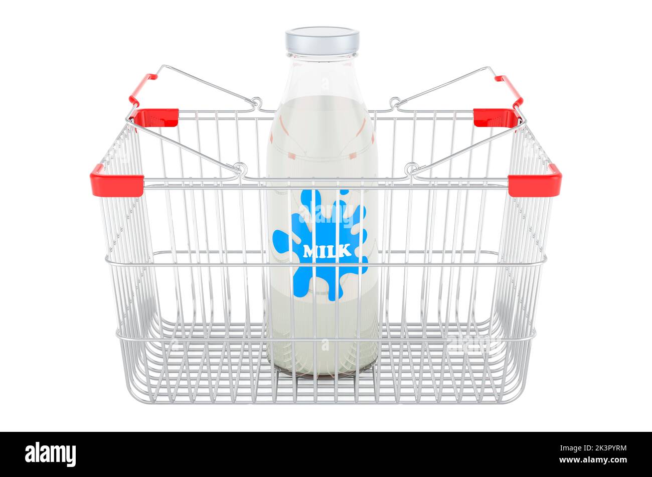 Milchflasche aus Glas im Warenkorb. 3D Darstellung isoliert auf weißem Hintergrund Stockfoto