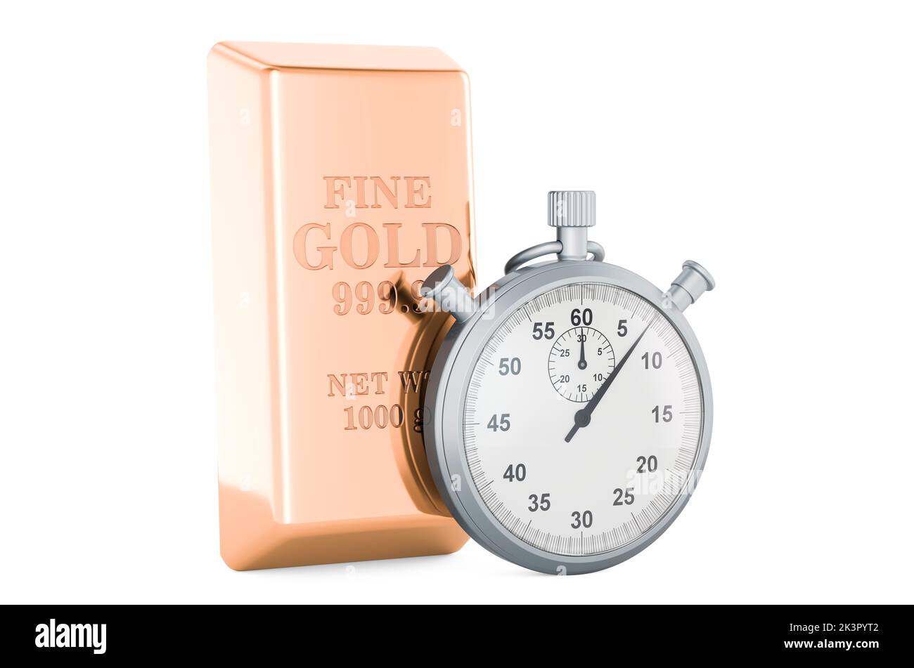 Goldbarren mit Chronometer, 3D Rendering isoliert auf weißem Hintergrund Stockfoto