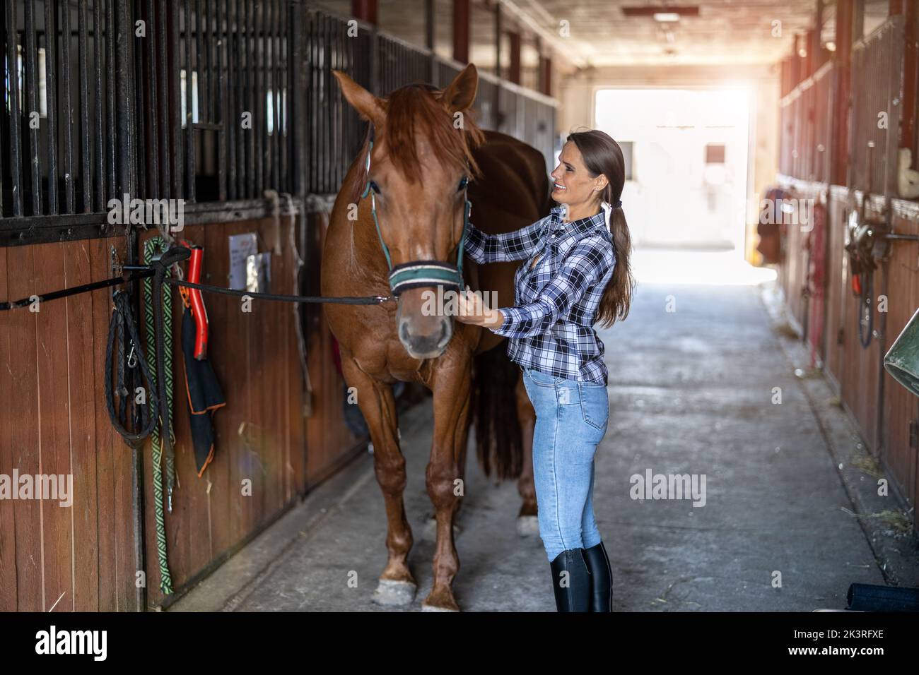 Frau, die sich im Stall um ihr Pferd kümmert Stockfoto