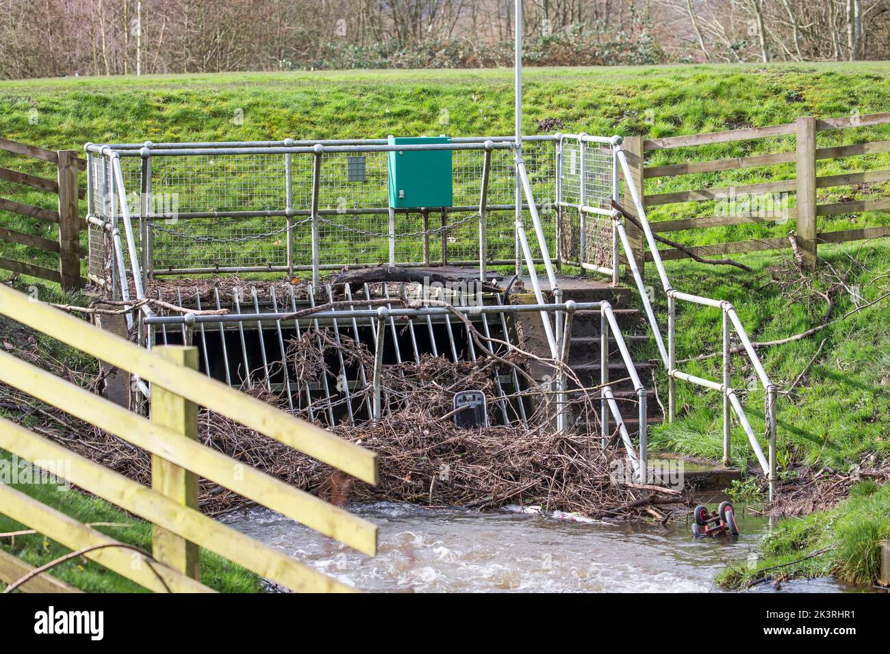 Die Blockierung des Managements im öffentlichen Park in Großbritannien verhindert, dass Rückstände den Wasserfluss behindern und verringert das Hochwasserrisiko im Bereich der Standorte. Stockfoto